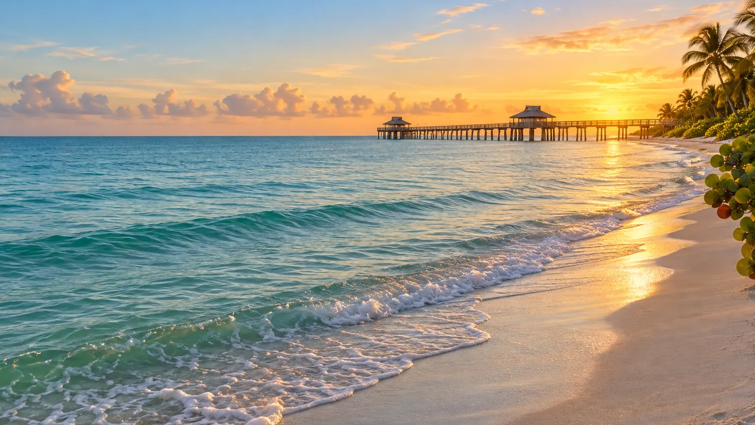 The Gulf shoreline at Naples at sunrise, calm teal water, soft sand and a long wooden pier in the distance