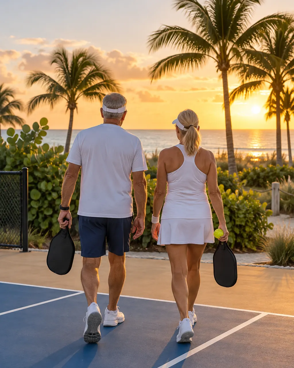 A couple seen from behind walking off a court carrying paddle bags toward palms at sunset
