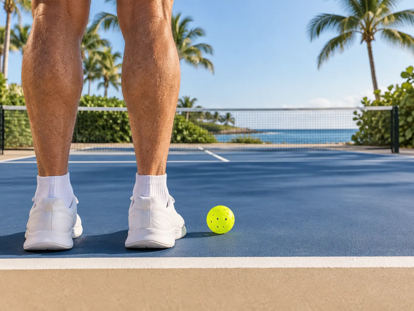 Court shoes at the baseline seen from knee height looking down a blue court toward palms