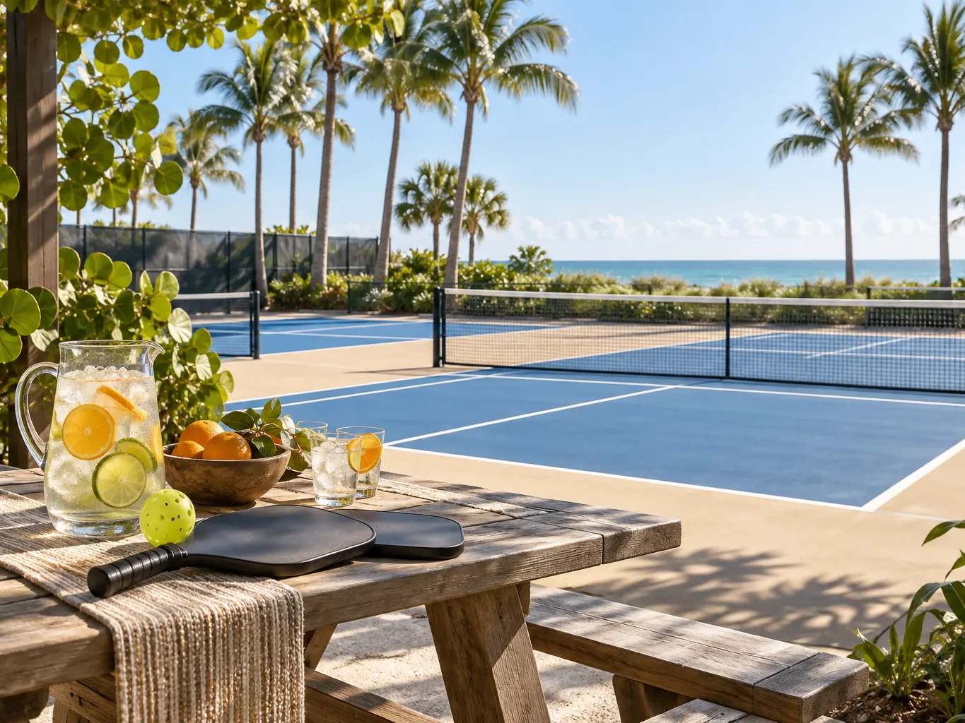 A shaded picnic table beside pickleball courts set with citrus water, oranges and paddles, palms above