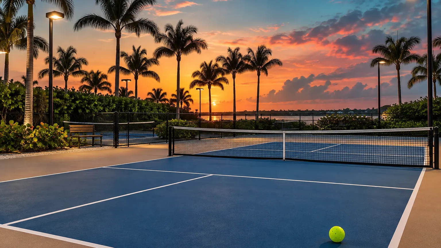 Outdoor pickleball courts at dusk with the court lights just coming on under a coral and teal sky, palms silhouetted
