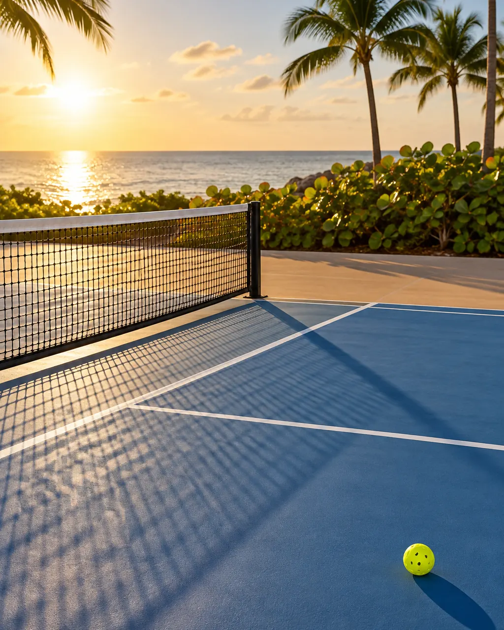 A pickleball net casting a long shadow across a blue court at low sun