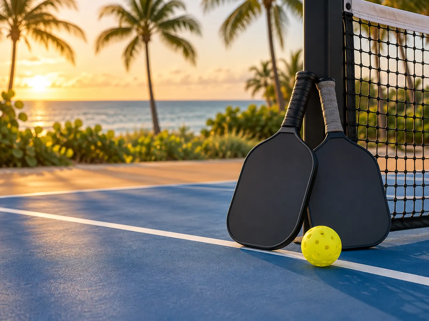 Two pickleball paddles leaning against a net post with a yellow ball on the line at golden hour