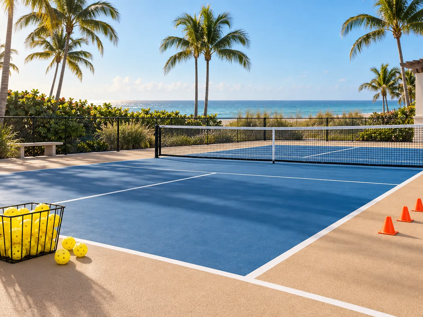 A pickleball court set up for a clinic with a basket of yellow balls and a row of small orange cones in morning light