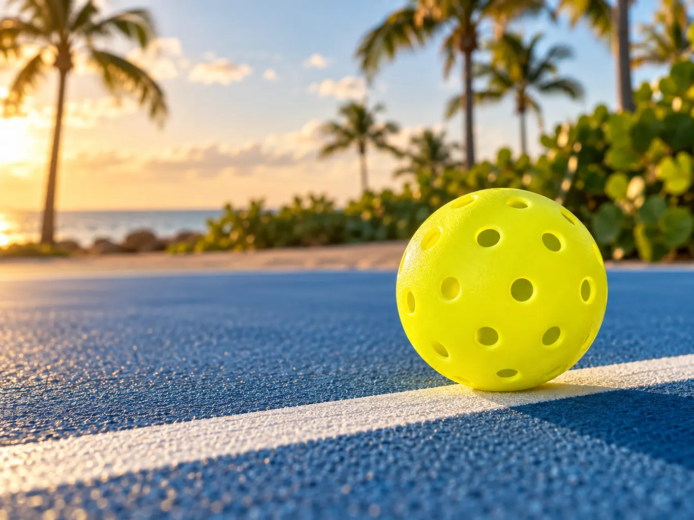 An extreme close-up of a yellow pickleball resting on the white kitchen line of a blue court, sand-toned surround blurred behind