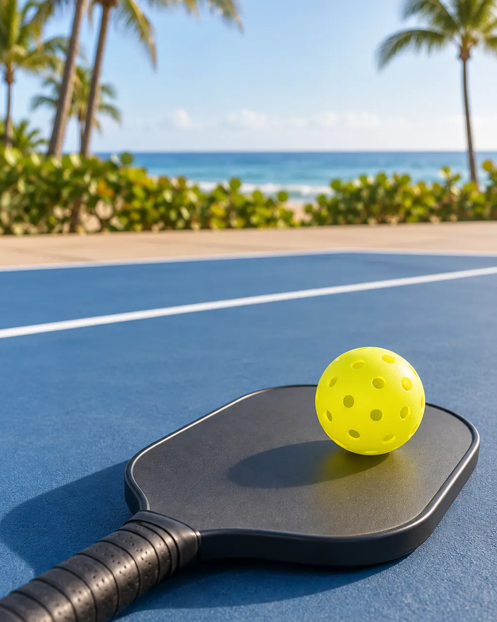 A paddle face with a yellow pickleball resting on it against a court-blue background