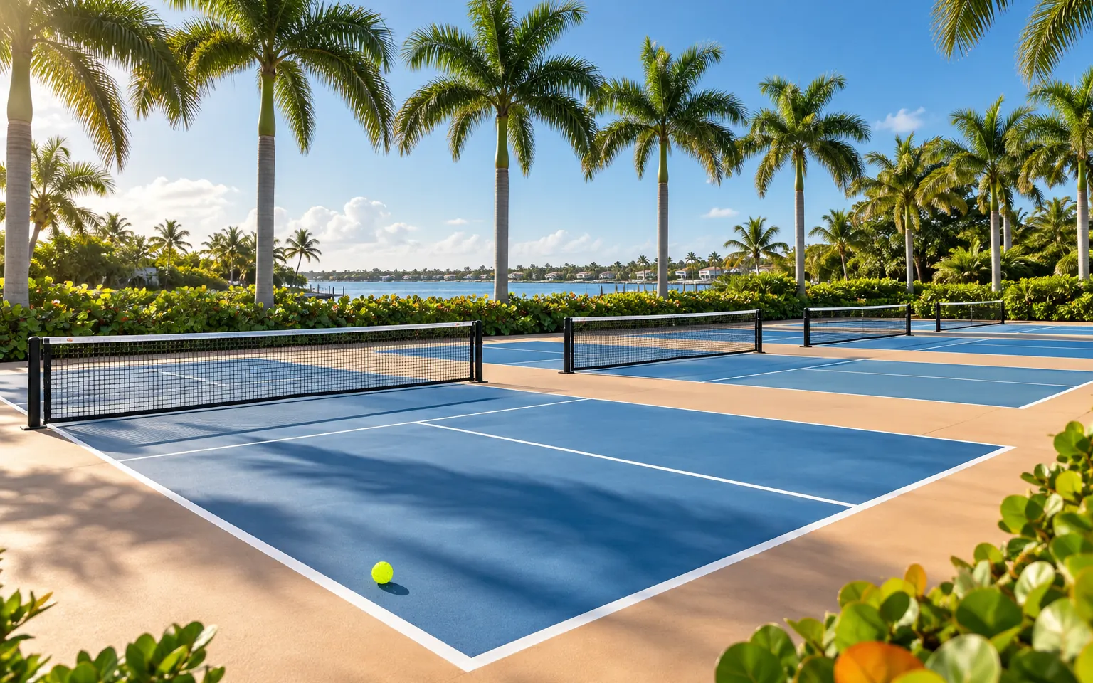 A row of four sunlit pickleball courts under tall royal palms on a bright morning, empty