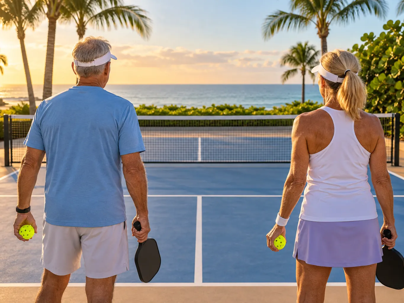 Two players seen from behind at the baseline waiting to serve, paddles down, visors on, palms beyond the court