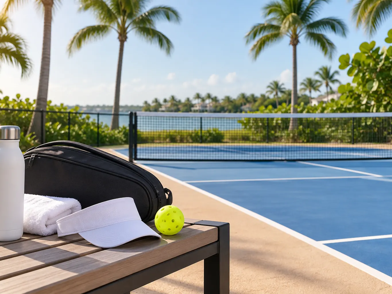 A court-side bench with a water bottle, a folded towel, a visor and a paddle bag, palms and net blurred behind in morning light