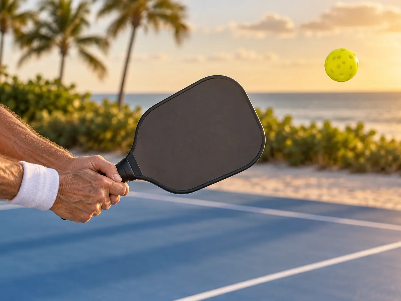 A close-up of weathered hands gripping a pickleball paddle handle with a wristband, court blurred behind