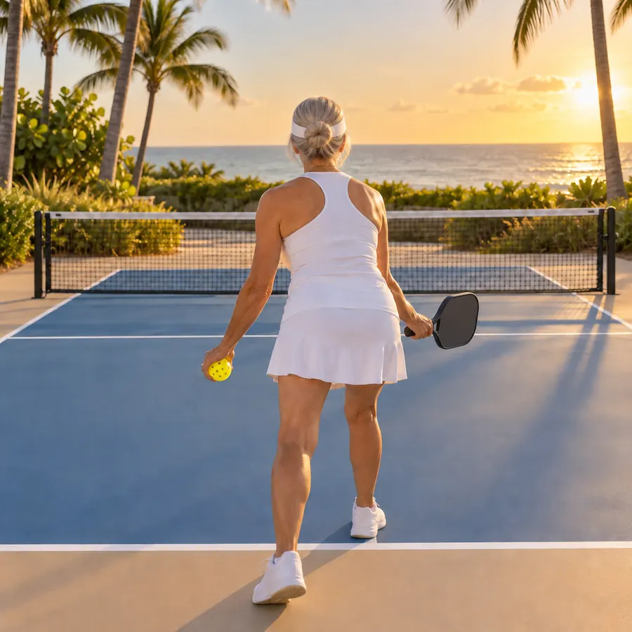 A player seen from behind, visor on, about to serve on a blue court with palms beyond