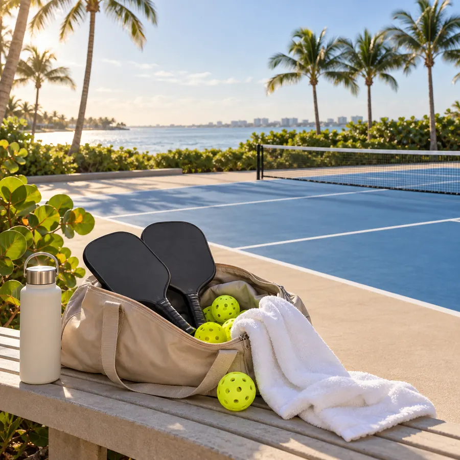 An open paddle bag on a bench with paddles, a towel and balls inside