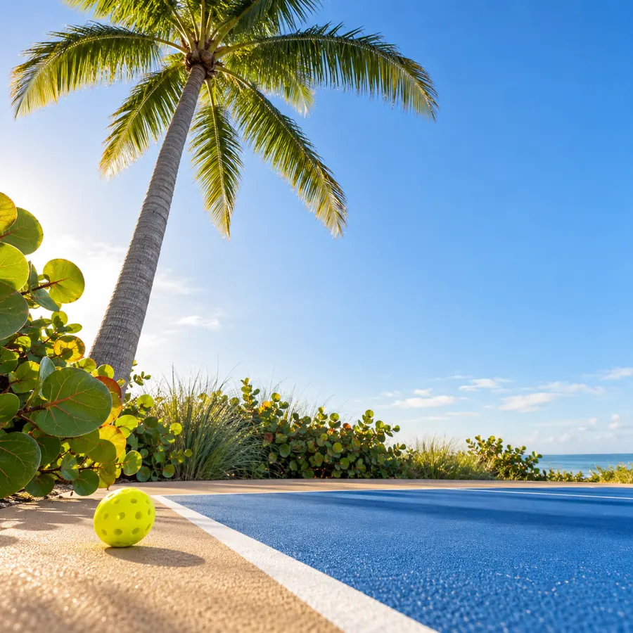 Looking up at a royal palm over the edge of a blue pickleball court