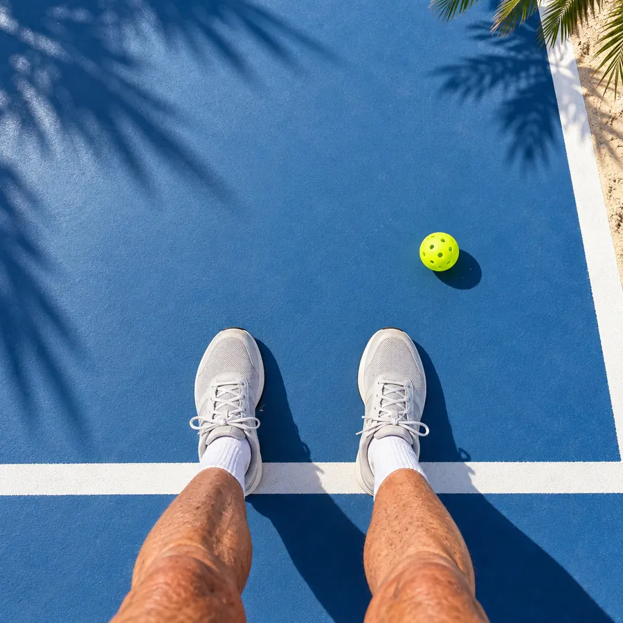 Court shoes at the baseline of a blue court, seen from above