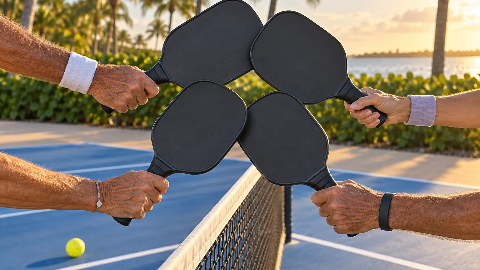 Four hands tapping paddles together over the net after a game, seen from the side in warm light
